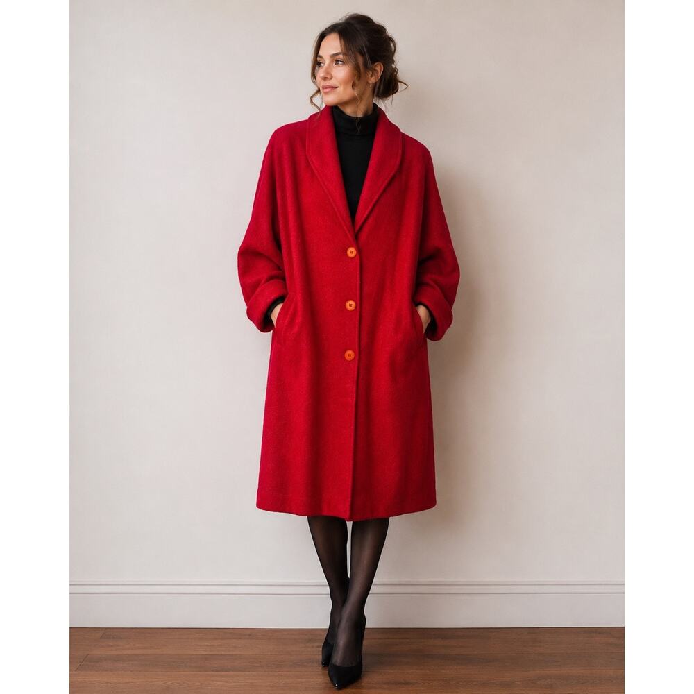Samuel Martin Coat VTG 80s Classic Red Flag Line Fuzzy Wool Button Midi Dressy S